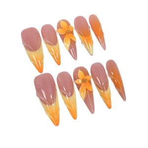 <span class=keywords><strong>Uñas</strong></span> Postizas Largas Stiletto Hechas a Mano, Degradado Naranja Atardecer, Flor Ámbar Translúcida 3D, <span class=keywords><strong>Uñas</strong></span> de Gelatina Elegantes de Verano al por Mayor - Product Image 6