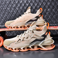 Chaussures de sport décontractées montantes pour hommes, style chaussette, imprimées color-block blanc-bleu-jaune, multi-colonnes, absorbant les chocs, tendance
