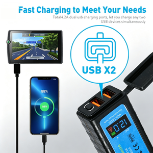 อะแดปเตอร์ชาร์จเร็วแบบ USB คู่สำหรับรถจักรยานยนต์ SAE QC3.0 พร้อมโวลต์มิเตอร์ดิจิตอลกันน้ำสำหรับสกู๊ตเตอร์อีไบค์ - Product Image 2