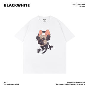 BLACKWHITE Camiseta de manga corta con estampado de auriculares French Bulldog, ropa informal de algodón para hombre Q64 - Product Image 5