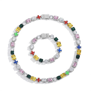 Colorful Gemstone <b>Bracelet</b> And Necklace <b>Set</b> Geometric Cross Design Silver Alloy Party Jewelry Fashion Hip Hop Style - Product Image 1