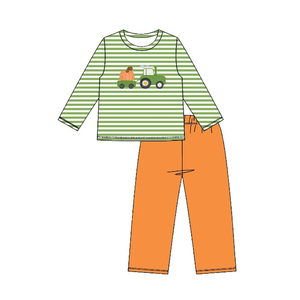 ขายส่งเสื้อผ้าเด็กชุดฤดูใบไม้ร่วง ชุดเสื้อผ้าเด็กผู้ชายลายฟักทองสีเขียว ชุดเสื้อและกางเกง - Product Image 3