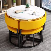 Table à manger moderne ronde en marbre avec 4 chaises rembourrées jaunes pieds en métal doré pour la maison, restaurant et café