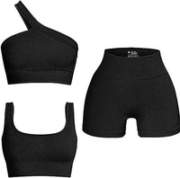 Ensemble de yoga 3 pièces côtelé sans couture en Spandex/Nylon, couleur unie, sexy, dos nu, bretelles non ajustables, style européen et américain