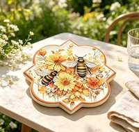 Sous-plat en céramique personnalisé avec imprimé abeille et fleur aquarelle, dessous de plat vintage floral irrégulier en forme de feuille de trèfle résistant à la chaleur pour cuisine