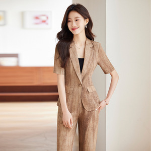 Women's Short Sleeve Blazer Suit Set Cotton Linen Blend Breathable Summer Casual Professional Gray Solid Color 3D Tailoring - Product Image 3