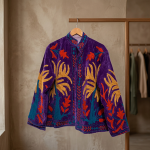 Blazer en velours violet brodé de fleurs, col mandarin, manches longues, vêtements d'extérieur pour femmes, automne, style bohème, fait main - Product Image 1