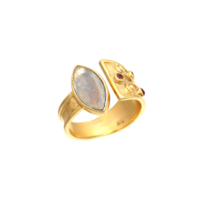 Bague réglable en argent sterling 925 avec pierre précieuse plaquée or 18 carats grenat pierre de lune arc-en-ciel pour la fête de mariage ou l'anniversaire - Product Image 1