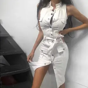 S-XXL spring and summer new twill cotton solid color sleeveless single breasted belt sexy buttock dress Women clothing