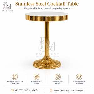 Round Cocktail Table for Hotel Bar <b>Lounges</b> with Gold Stainless Steel Classic Pedestal Base and <b>Mirrored</b> Tempered Glass Top - Product Image 3