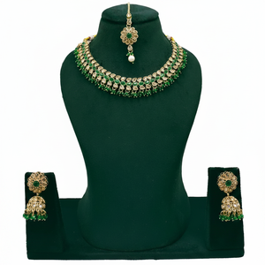 Ethnic High Quality Gold Plated Alloy Emerald Stone Necklace Earrings Maang Tikka Set Women Trendy <b>Indian</b> Engagement Anniversary - Product Image 2