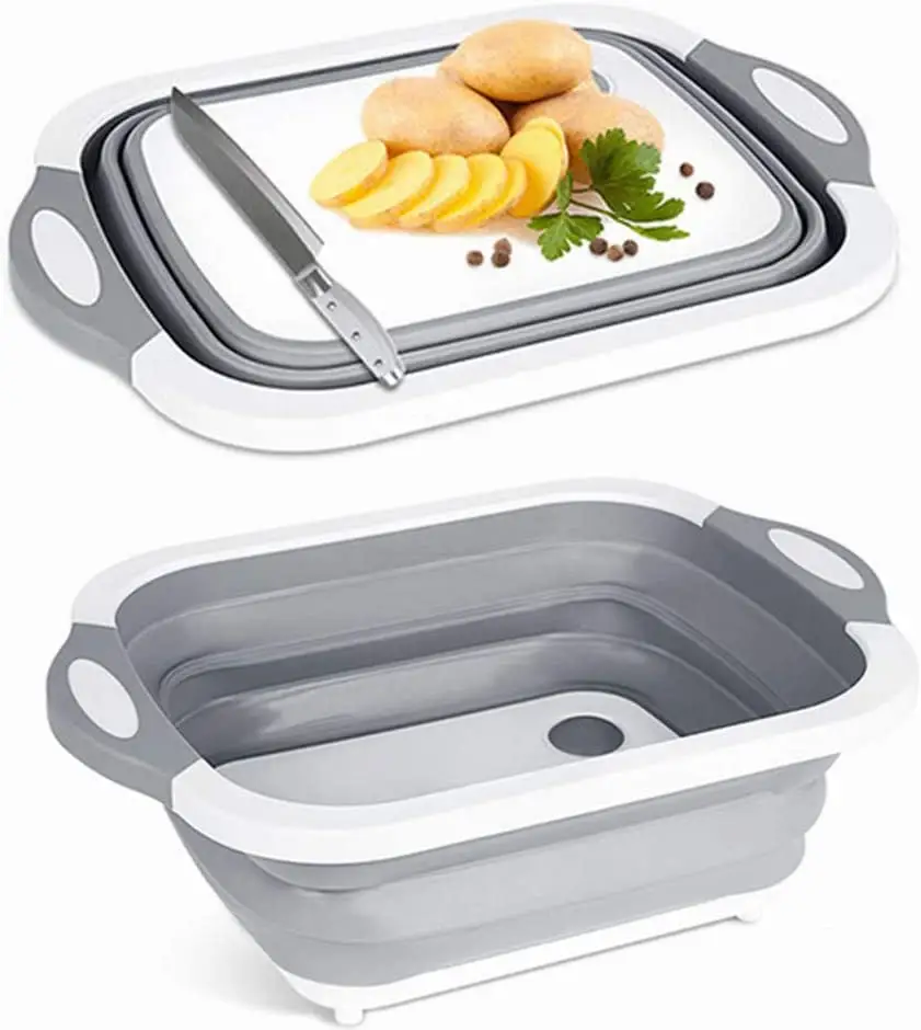 Tábua de cozinha para lavar frutas e vegetais, placa de corte dobrável com ralo, acessórios multifunção para acampamento, 3 em 1