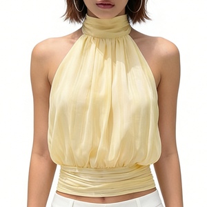 Top corto halter sin espalda para mujer, sin mangas, con lazo en la espalda, fruncido, tipo blusa/chaleco, para fiesta, a la moda - Product Image 4