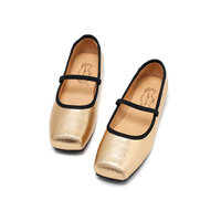 Ballerines Mary Jane à bout carré métallisé pour femmes, chaussures de ballet décontractées à sangle élastique en cuir véritable