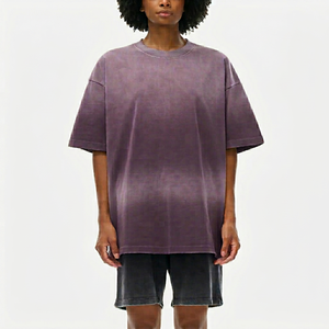Camiseta Oversize de Algodón Morado Desgastado Estilo Vintage Streetwear, Camiseta Oversize Morada de Algodón Pesado Unisex con Hombros Caídos - Product Image 1