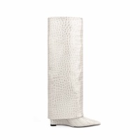 Grey Stone Textured Fold Over Knee High Western Bottes pour femmes Dames Bout pointu Talon compensé Slip-On Taille personnalisée 35-47