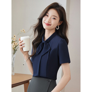 White Short Sleeve Shirt For Women Summer Bow Top Work Blouse Solid Color Polyester Fiber - Product Image 4