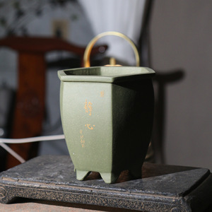 Pot à bonsaï hexagonal en argile verte Su Bing, décoré de fleurs et d'oiseaux, pour la décoration de bureau - Product Image 4