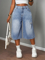 Shorts Bermuda en jean déchiré taille haute pour femme, coupe large, décontracté, ourlet brut, style Y2K, denim bleu, grande taille personnalisée