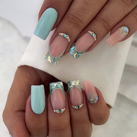 24 Uñas Postizas Cuadradas Estilo Ataúd con Purpurina y Mini Diamantes de Imitación, Venta al por Mayor, Uñas Postizas Reutilizables Estilo Francés