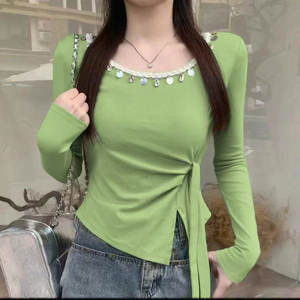 Camiseta de Manga Larga con Cintura Ajustable, Color Negro Sólido, Corte Irregular, Ajustada, para Mujer, Ropa de Invierno - Product Image 4