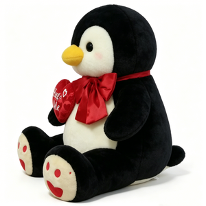 Customized Valentine's Day Penguin Plush Toy, Black & White <b>Sitting</b> Stuffed Animal with Red Bow Tie & "Hug <b>Me</b>" Heart Pillow - Product Image 1