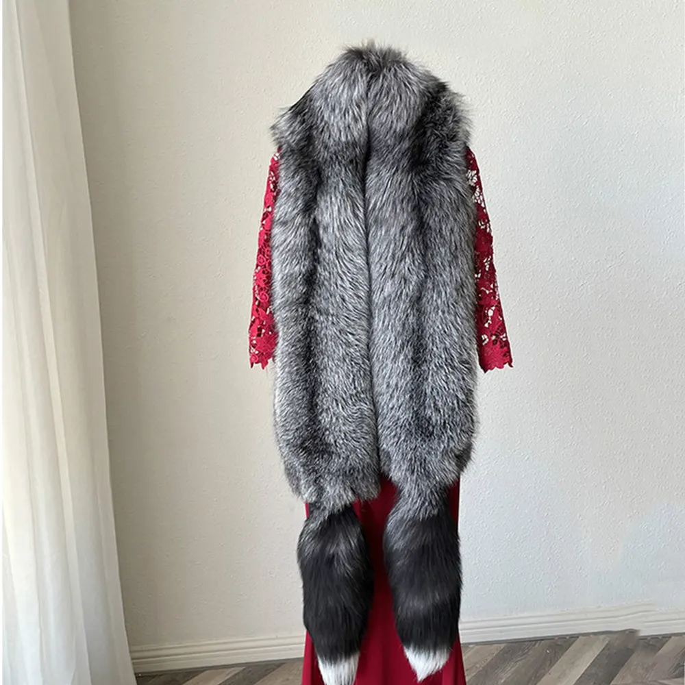 2022 Cold Winter Thick Warm Real Fox Fur Bigger And Longer Scarf With Large Tails Women Luxury Fox Fur Mufflers Fox Fur Shawls