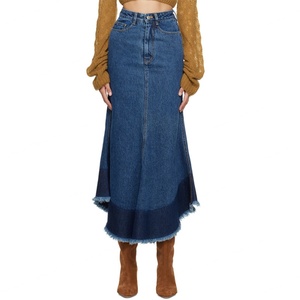 กระโปรงยีนส์วินเทจสำหรับผู้หญิง สีน้ำเงินตัดต่อสีต่างกัน ทรงเอ สมมาตร ชายรุ่ย ผ้าฝ้ายสั่งทำพิเศษ กระโปรงเดนิมยาวลำลองแบบมิดิ - Product Image 2