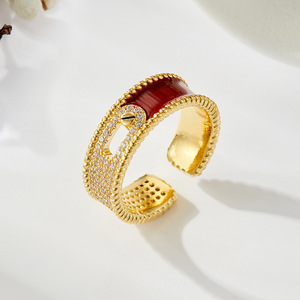 Retro Red Zirconia Open Ring Lock Shape Micro Pave Adjustable Chinese Style Party Jewelry - Product Image 4