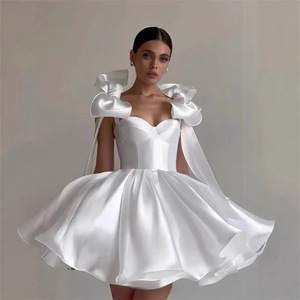 Robes de soirée courtes en satin avec nœud, sans bretelles, pour demoiselles <span class=keywords><strong>d</strong></span>'<span class=keywords><strong>honneur</strong></span>, mariage, fête, bal de promo, anniversaire, longueur genou, à lacets - Product Image 1