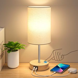 Lampe de chevet LED à intensité variable de style moderne avec ports de charge USB C+A, abat-jour en tissu lin, adaptateur secteur inclus, petites lampes de table pour chambre à coucher - Product Image 1