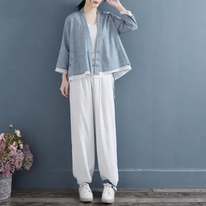 Traditional Chinese Women's Loose Fit Cotton Blouse Three-Quarter Sleeve Pink Embroidery Top - Product Image 4