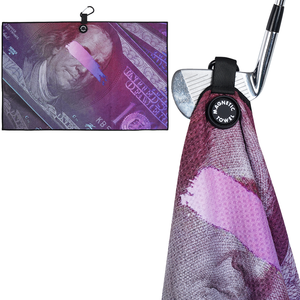 ゴルフアクセサリープリント紫ドルワッフル磁気マイクロファイバーマグネットゴルフタオルゴルフクラブクリーナークリップフック付き - Product Image 1