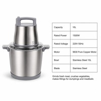 Hachoir à viande électrique haute puissance 1500W, hachoir à aliments, trancheuse à légumes, machine de cuisine multifonction, bol en acier inoxydable de 10L