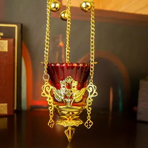 HT Church Product Manufacture Religious   Catholic Orthodox Vine Leaves Hanging Sanctuary Lamp With Ruby Glass Cup and Bell