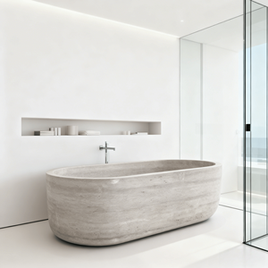 Bañera Ovalada de Piedra Arenisca con Acabado de Madera, Bañera Independiente de Piedra Sólida para Baños de Lujo - Product Image 4