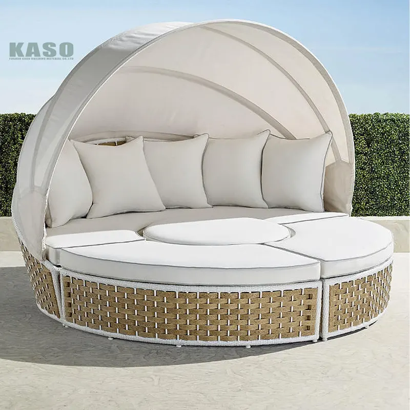 Modern sedir veranda mobilya otel lüks tik halat bahçe güneş şezlong yuvarlak alüminyum Rattan hasır açık Daybed gölgelik ile