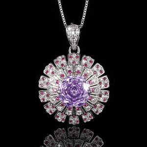 Collier et bague tendance pour fête et mariage, en cuivre écologique plaqué argent/or, avec zircon violet taille rose 14-10MM, motif floral exquis - Product Image 5