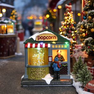 Sculpture de boutique de pop-corn de Noël artisanale éclairée par LED d'usine avec mini figurines, statue d'art en résine, décoration moderne d'anniversaire - Product Image 1