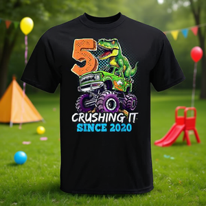 Camiseta de cumpleaños número 5 para niños con diseño de dinosaurio Monster Truck, Crushed It Since 2020 - Product Image 3