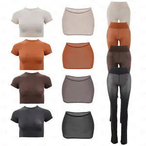 Custom Women's 2 Piece Sets Casual Mesh Fabric Crop Top T Shirt And High Waist Flare Yoga Pants Two Piece Loungewear Women Sets