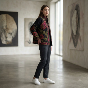 Veste d'hiver décontractée noire à manches longues pour femmes, en velours écologique, brodée de motifs floraux bohèmes, col montant - Product Image 1