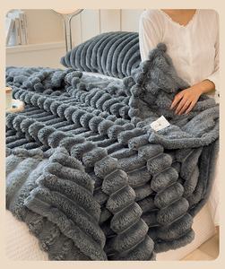 Chăn nỉ lông giả thỏ siêu mềm mại sang trọng, chất liệu polyester dày dặn, họa tiết sọc, mềm mại, ấm áp cho mùa đông, cỡ King/Queen - Product Image 5