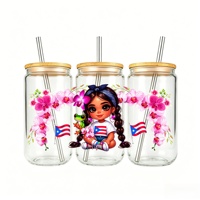 Autocollant de transfert UV DTF personnalisé pour gobelet, motif dessin animé fille, drapeau de Porto Rico, imprimé floral, étanche, pour ornement de verre et de tumbler