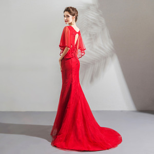 Vestido de Noche Rojo de Sirena con Escote Redondo y Mangas Acampanadas para <span class=keywords><strong>Fiesta</strong></span>, Última Moda 2020 - Product Image 5