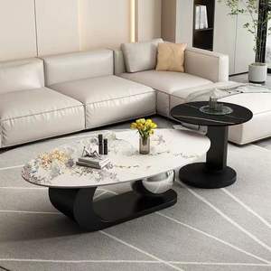 Table basse ovale en marbre, mobilier de salon moderne et minimaliste, idéale pour les petits appartements - Product Image 1