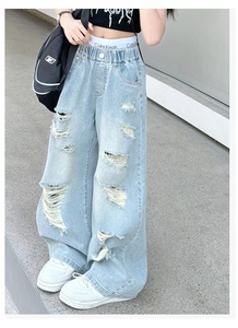 กางเกงยีนส์เดนิมขากว้างสำหรับเด็กผู้หญิงสไตล์อเมริกันวินเทจประดับเพชรพลอยน้ำหนักเบาสำหรับวัยรุ่นและเด็กโต - Product Image 5