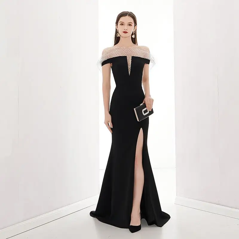 2022 Hot Selling Sleeveless Black Corset High Slit Satin Gown One Shoulder Maxi Dress Woman With Slit