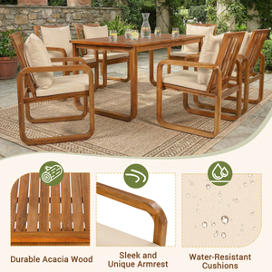 Ensemble de salle à manger de patio moderne en bois d'acacia 7 pièces avec coussins amovibles, mobilier d'extérieur écologique pour jardin - Product Image 3