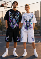 Ensemble streetwear deux pièces personnalisé unisexe en mélange de coton avec t-shirt imprimé numériquement motif cerf holographique et short à cordon de serrage